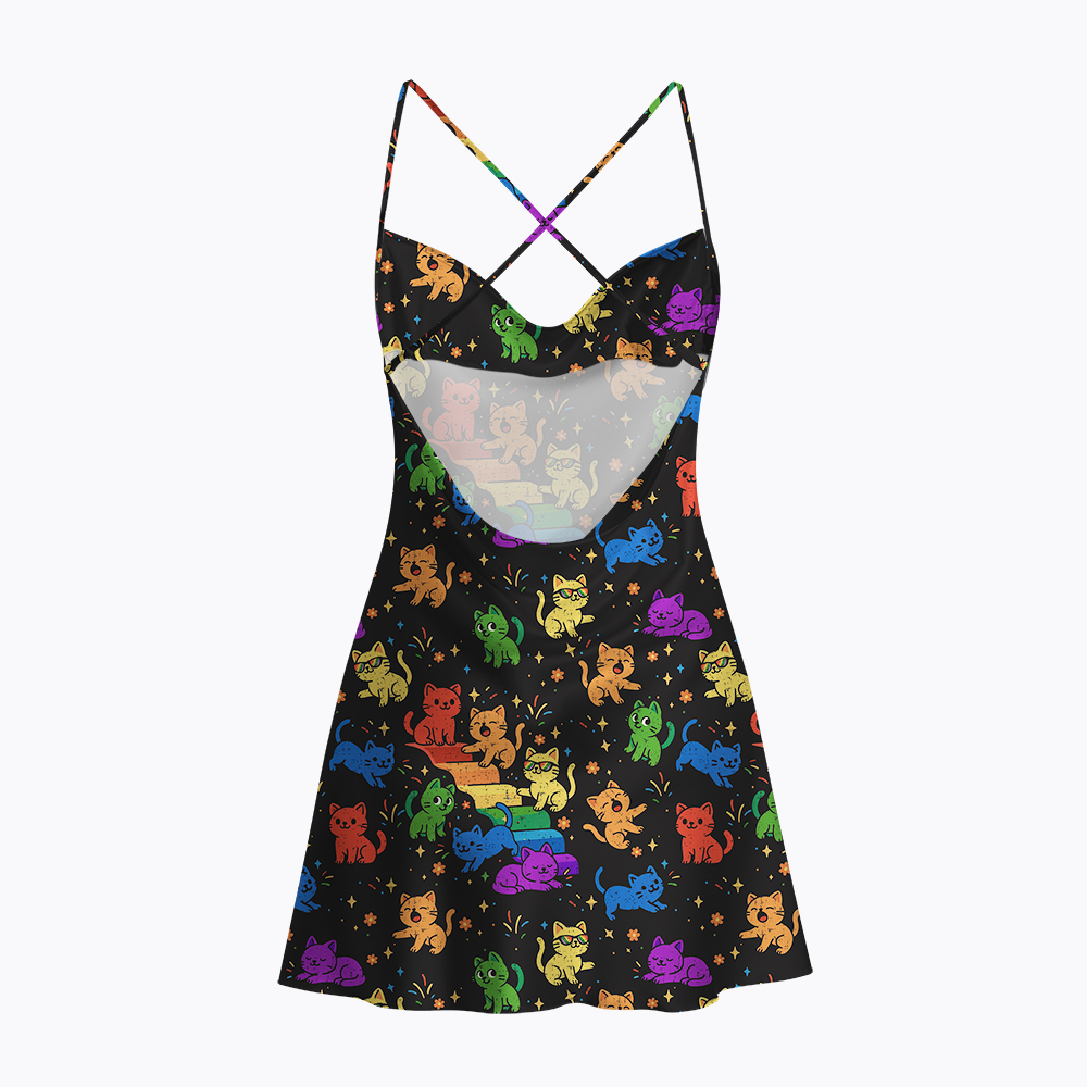Gay Pride Kawaii Cat Satin Cross Back Mini Dresses