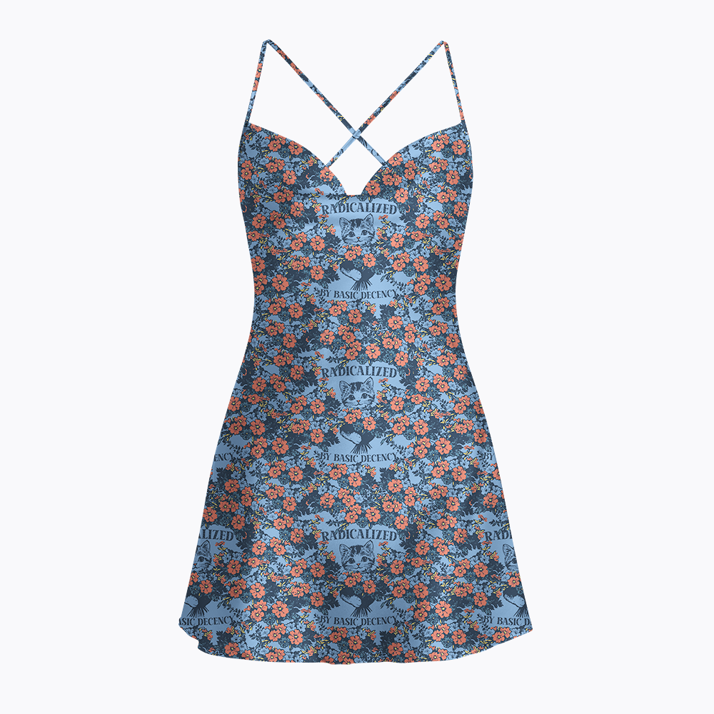 Radicalized By Basic Decency Cat Floral Feminist Satin Cross Back Mini Dresses
