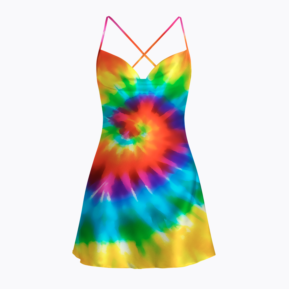 Tie Dye Rainbow Satin Cross Back Mini Dresses