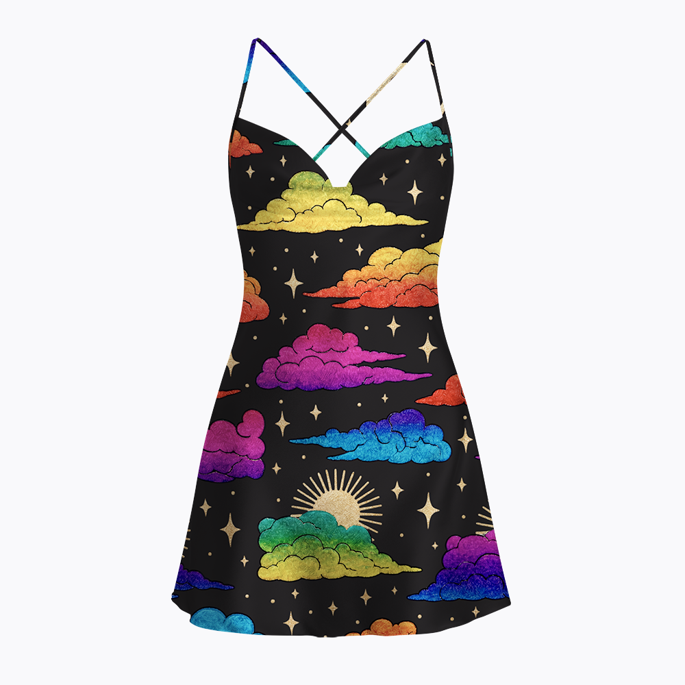 LGBTQ Rainbow Cloud Moon Star Night Sky Satin Cross Back Mini Dresses