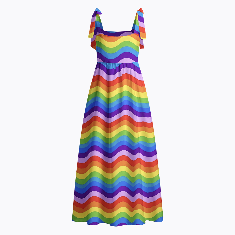 Rainbow Wave Tie Shoulder Maxi Dress