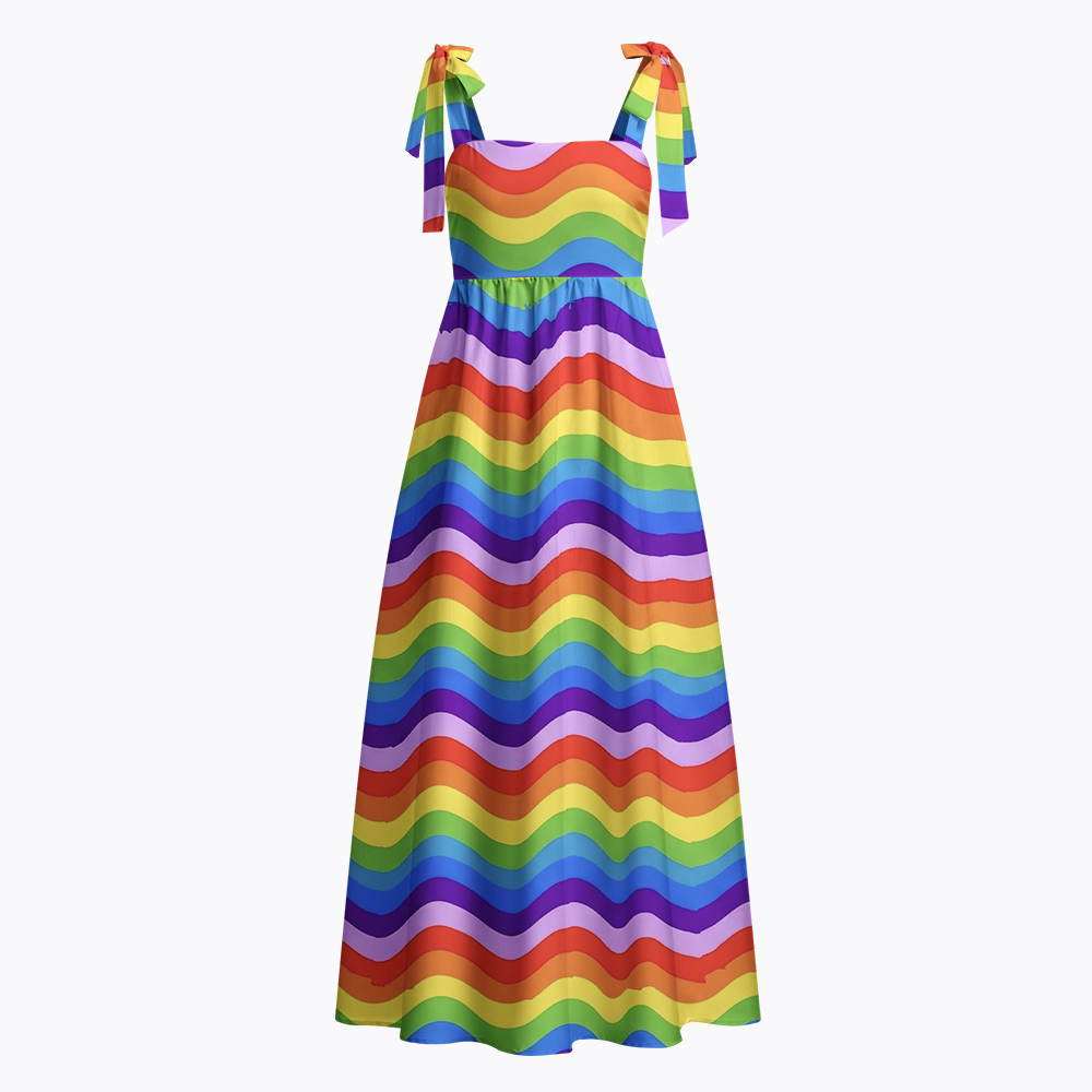 Rainbow Wave Tie Shoulder Maxi Dress