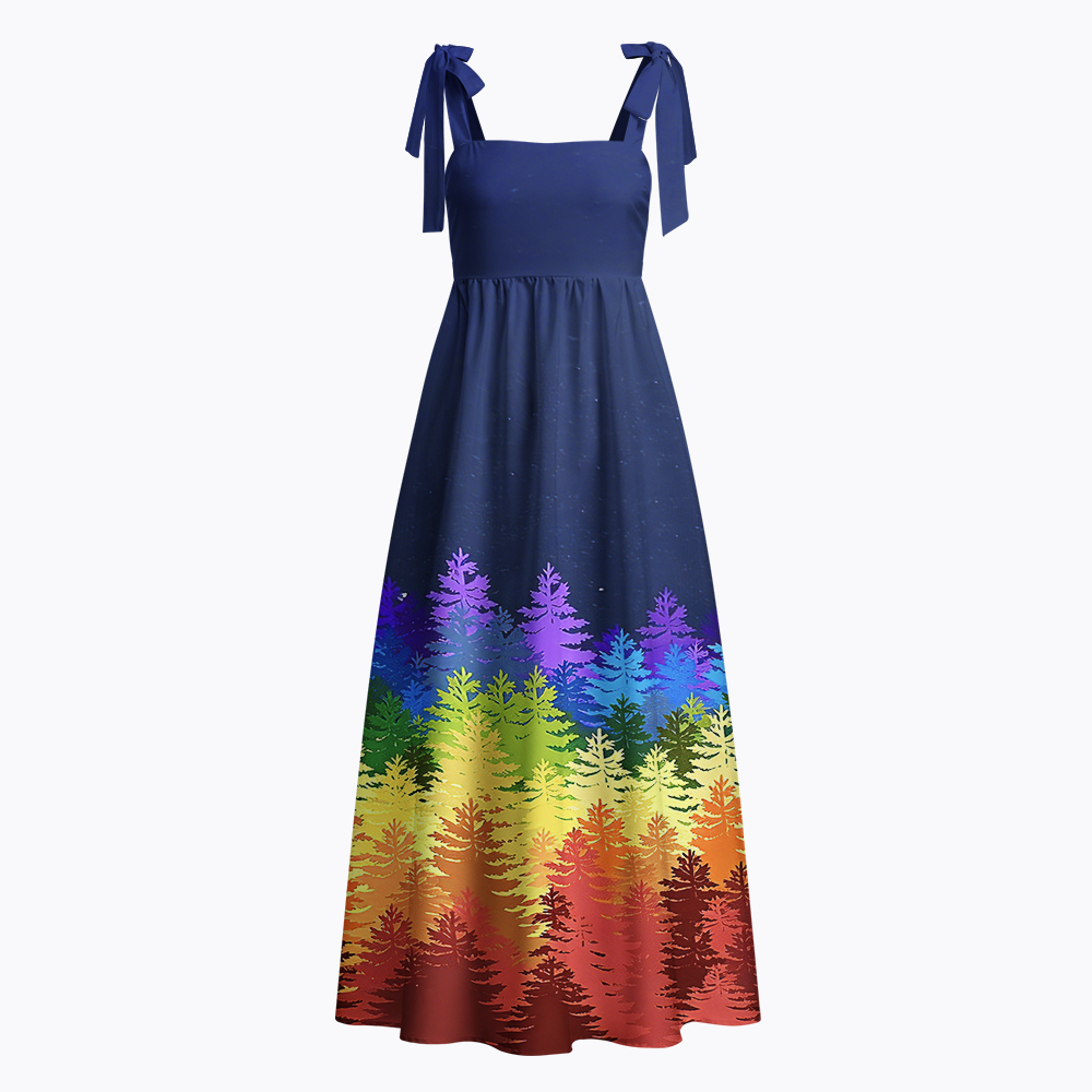 Gradient Rainbow Forest Starry Night Tie Shoulder Maxi Dress