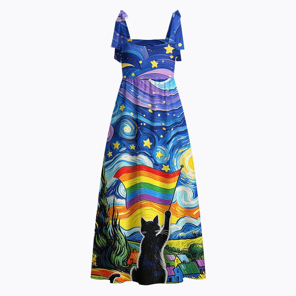 LGBTQ Star Night Impressionist Cat Tie Shoulder Maxi Dress