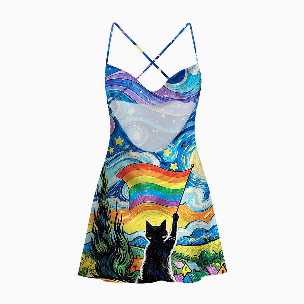 LGBTQ Star Night Impressionist Cat Satin Cross Back Mini Dresses