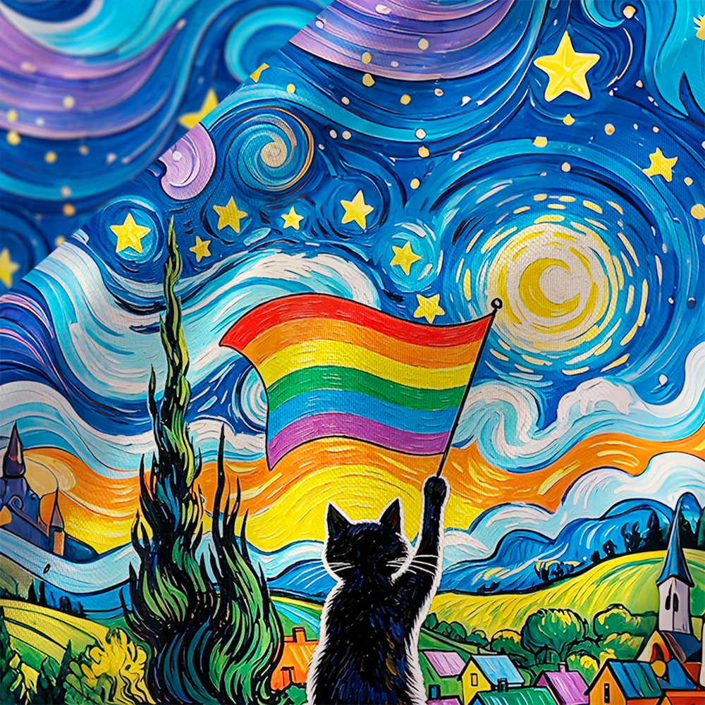 LGBTQ Star Night Impressionist Cat Satin Cross Back Mini Dresses