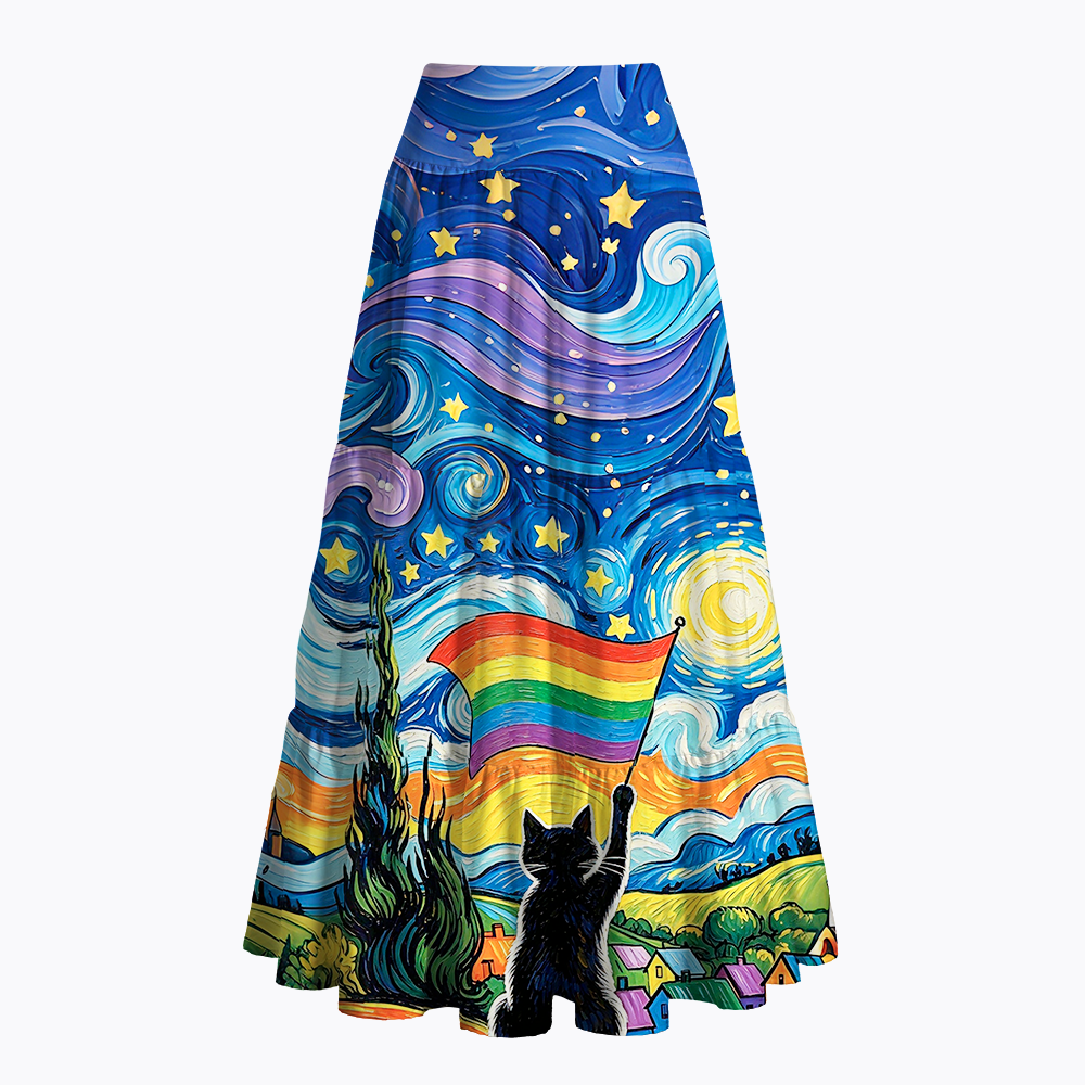 LGBTQ Star Night Impressionist Cat Maxi Skirt