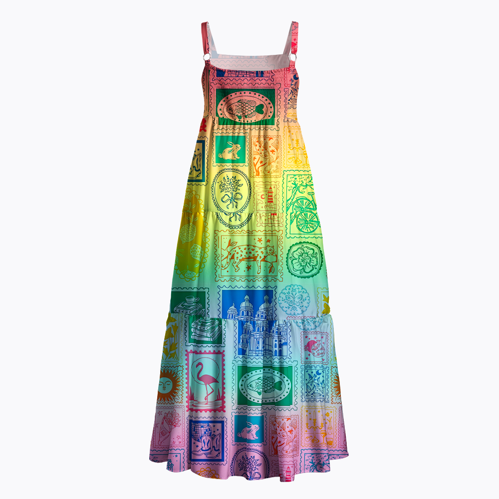 Vintage Postage Stamp Rainbow Maxi Dress