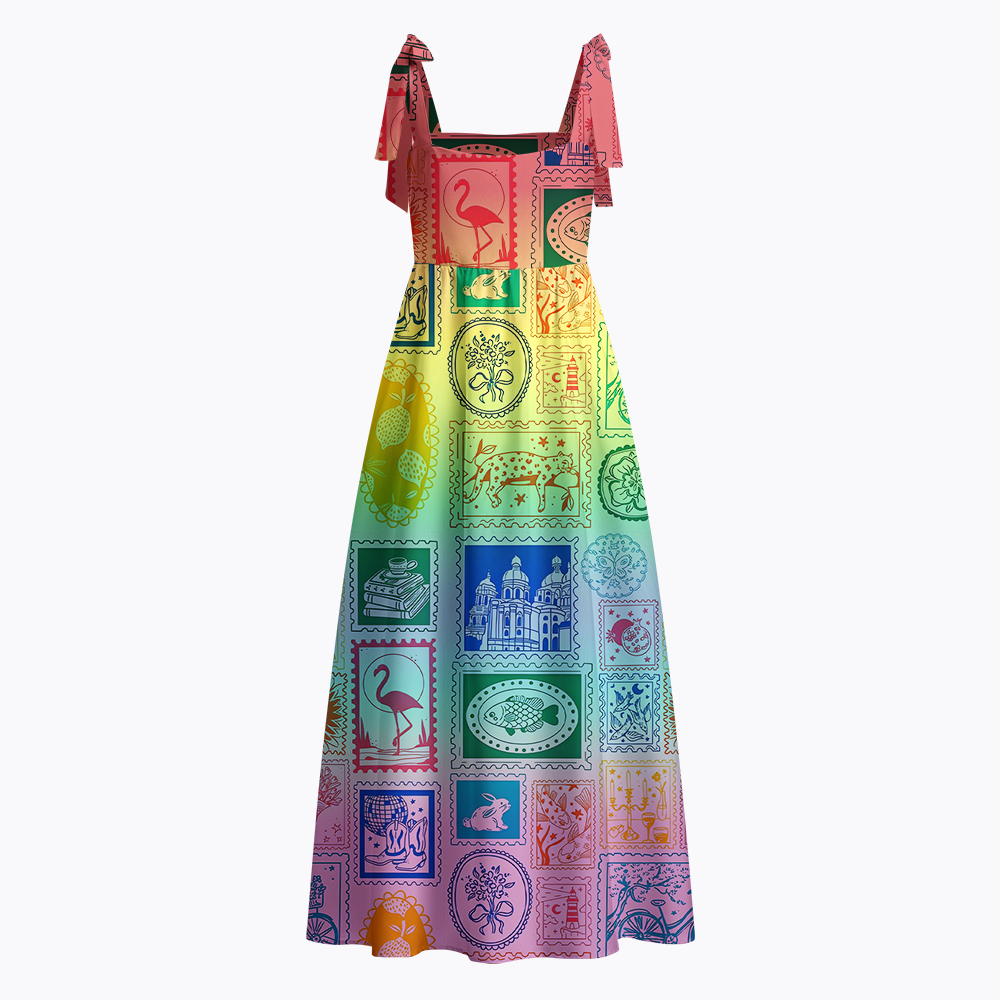 Vintage Postage Stamp Rainbow Tie Shoulder Maxi Dress