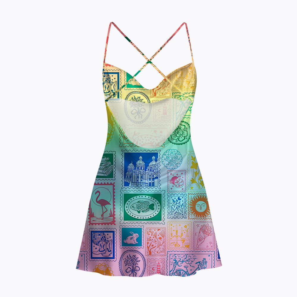 Vintage Postage Stamp Rainbow Satin Cross Back Mini Dresses