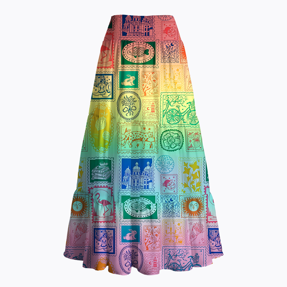 Vintage Postage Stamp Rainbow Maxi Skirt