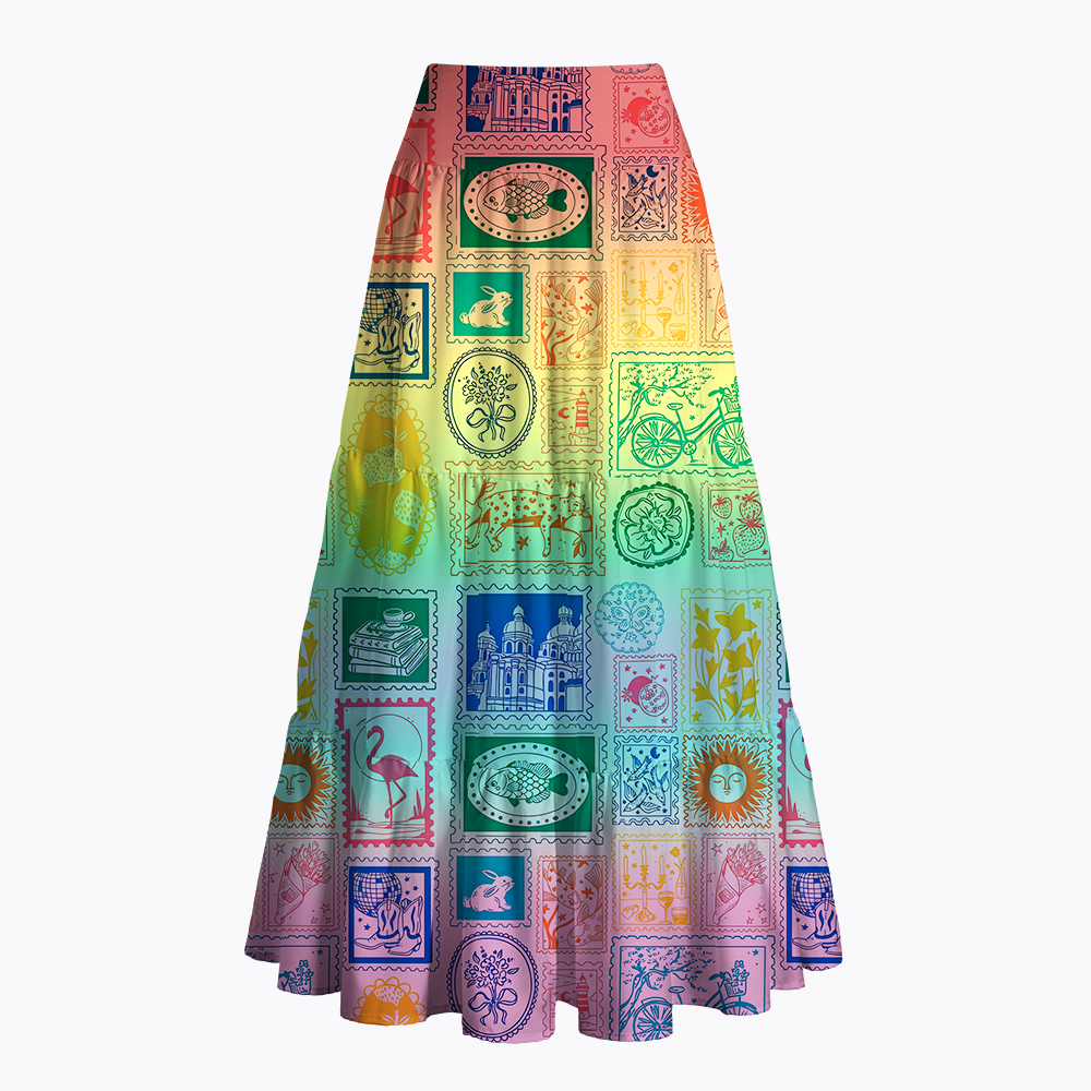 Vintage Postage Stamp Rainbow Maxi Skirt