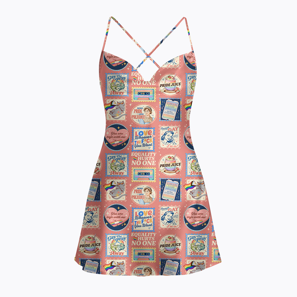 Pride Month LGBTQ Stamps Satin Cross Back Mini Dresses