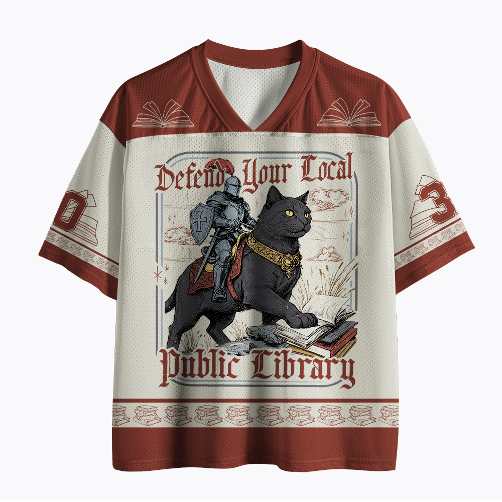 Defend Your Local Public Library Funny Knight Cat Mesh Jersey