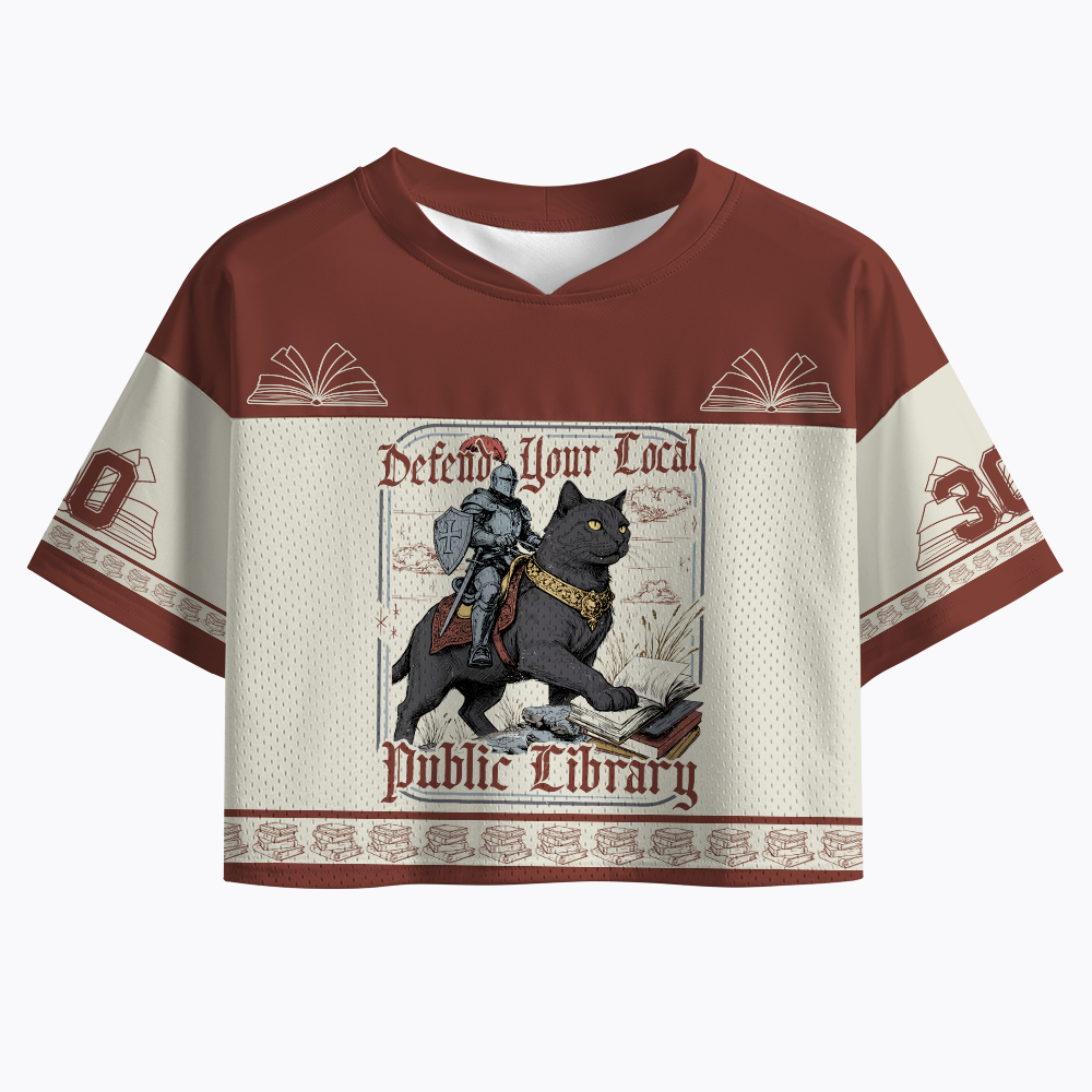 Defend Your Local Public Library Funny Knight Cat Crop Sports Jersey