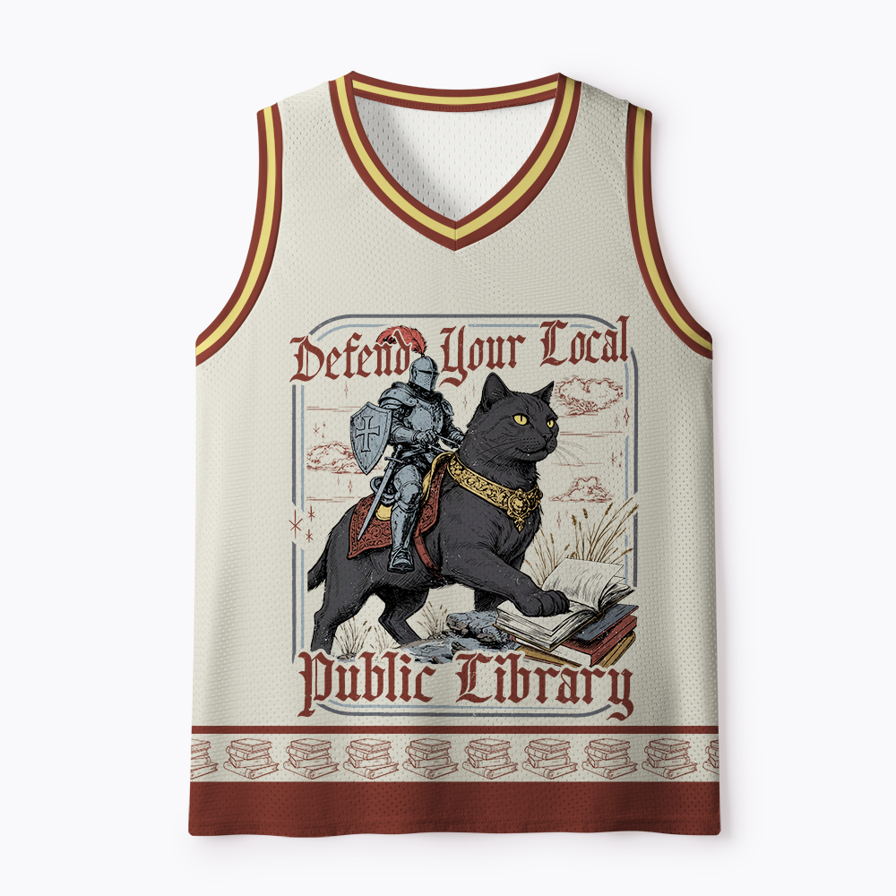 Defend Your Local Public Library Funny Knight Cat Mesh Jersey Tank Top