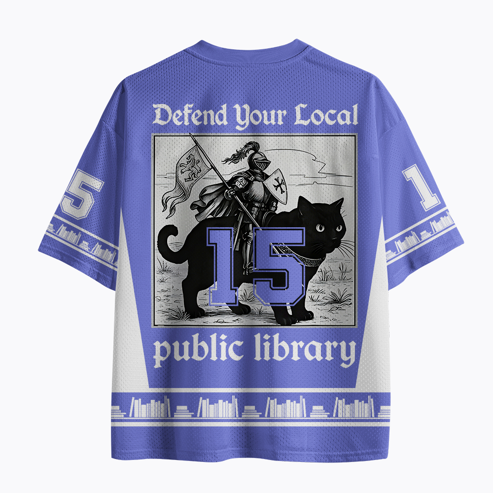 Defend Your Local Public Library Funny Knight Cat Mesh Jersey