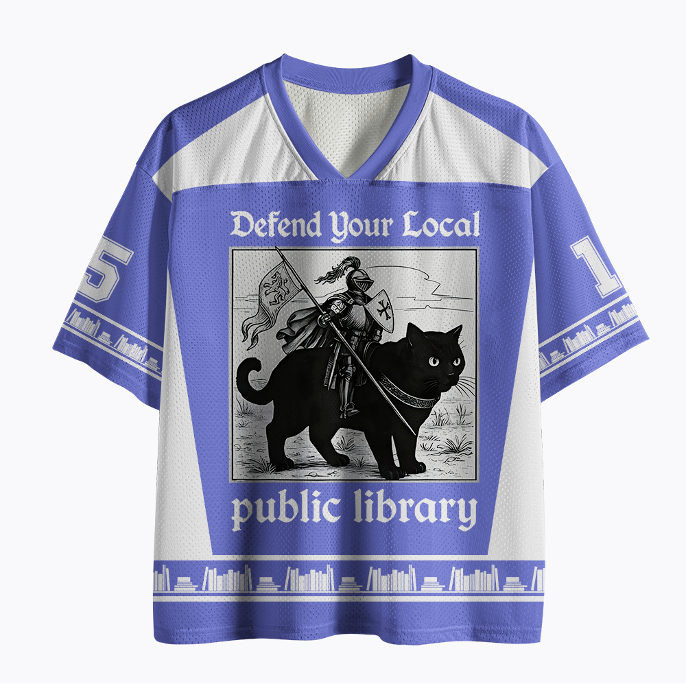 Defend Your Local Public Library Funny Knight Cat Mesh Jersey