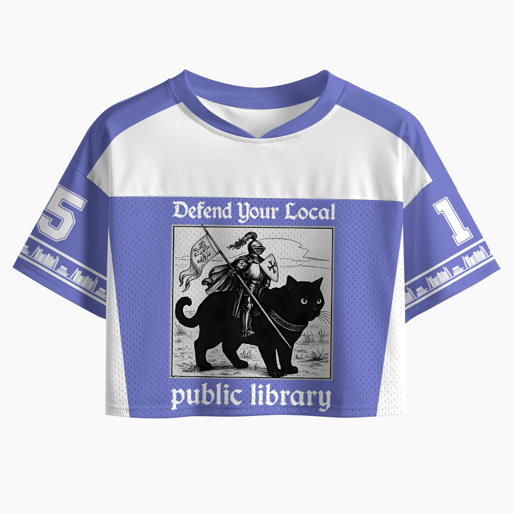 Defend Your Local Public Library Funny Knight Cat Crop Sports Jersey