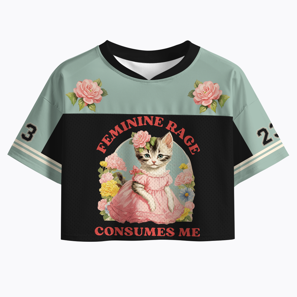 Feminine Rage Retro Mid Century Cat Feminist Crop Sports Jersey