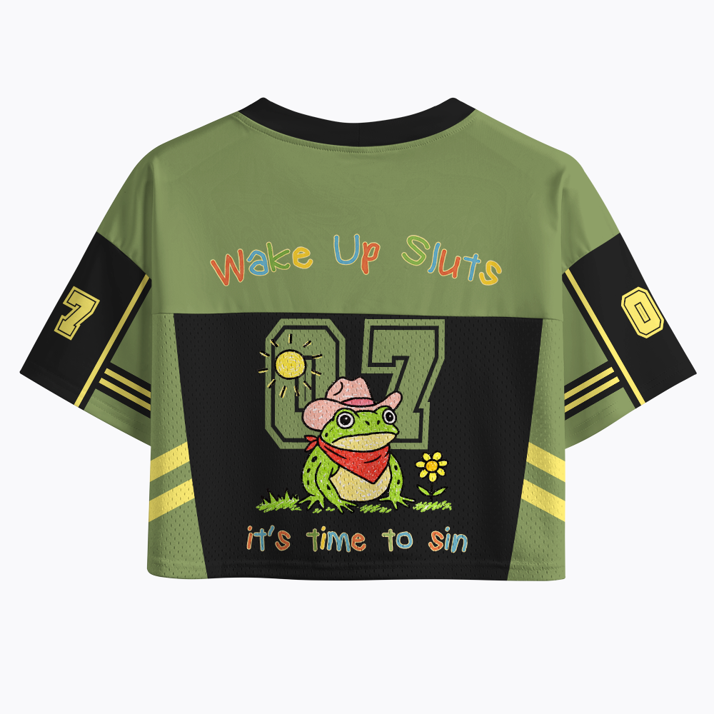 Wake up it's time to sin, funny cowboy frog meme Crop Sports Jersey