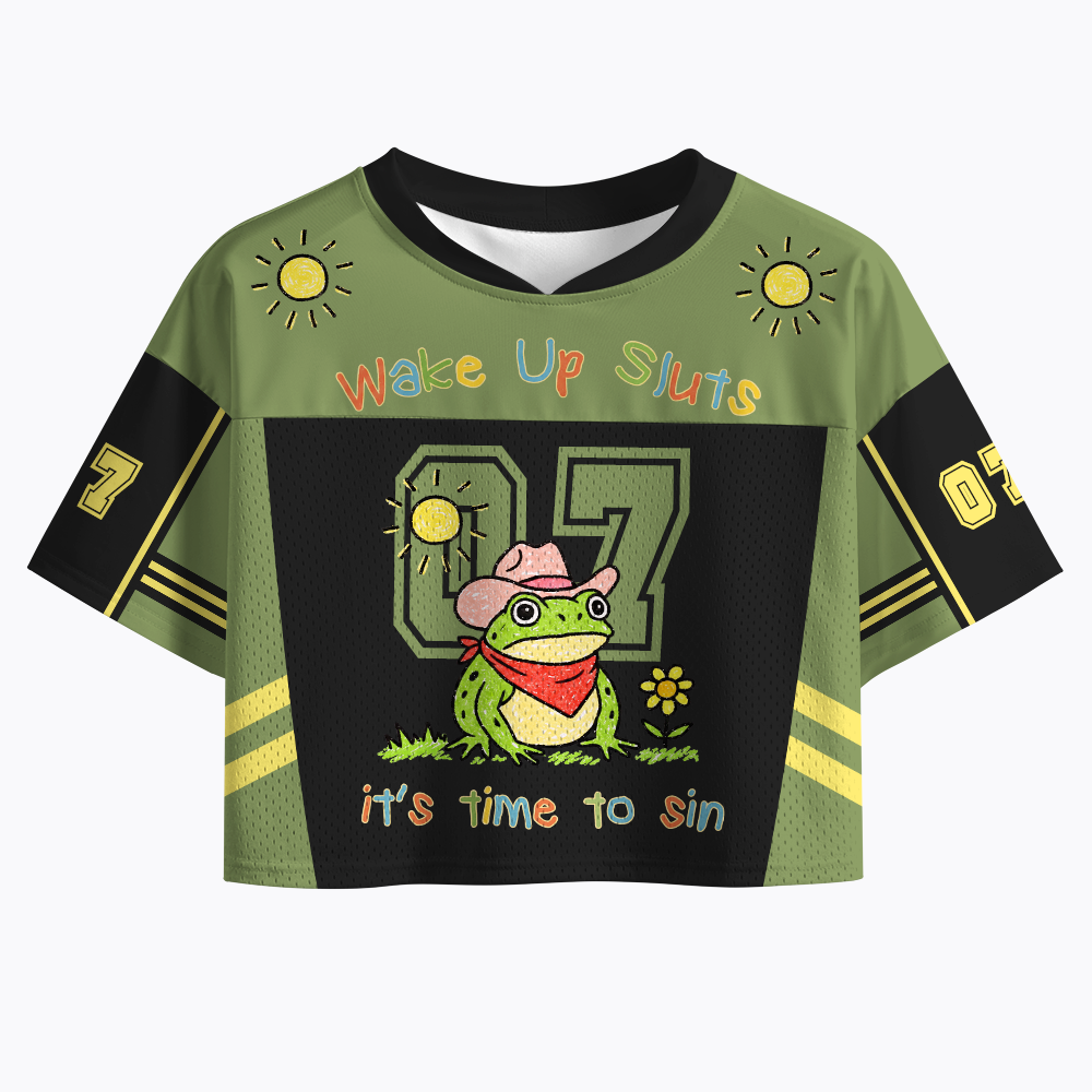 Wake up it's time to sin, funny cowboy frog meme Crop Sports Jersey