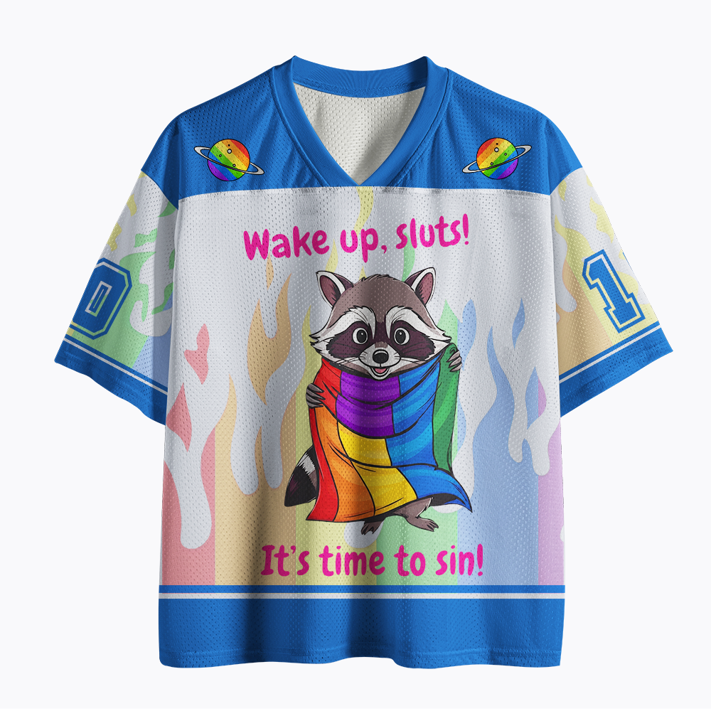Funny Pride Raccoon T-Shirt: "Wake Up Sluts!" Mesh Jersey