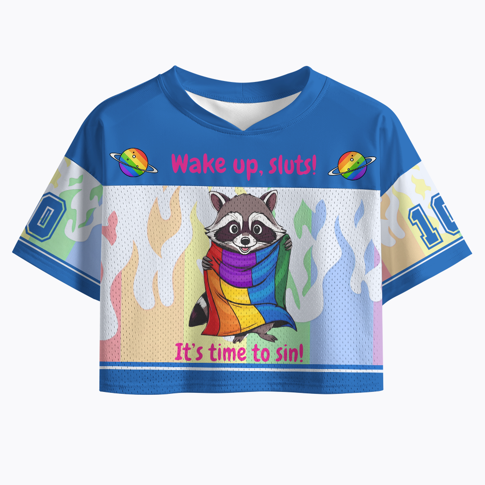 Funny Pride Raccoon T-Shirt: "Wake Up Sluts!" Crop Sports Jersey