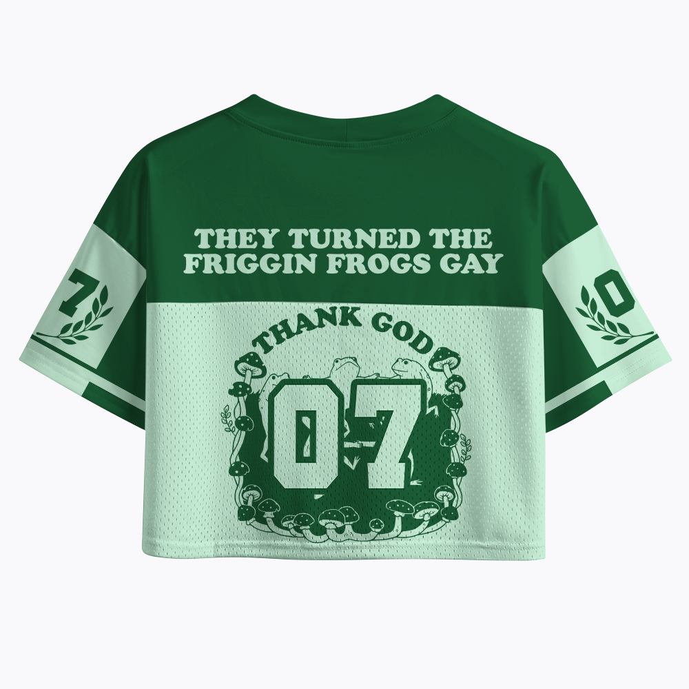They turned the frogs Gay: Funny Cottagecore Vintage Frog Crop Sports Jersey