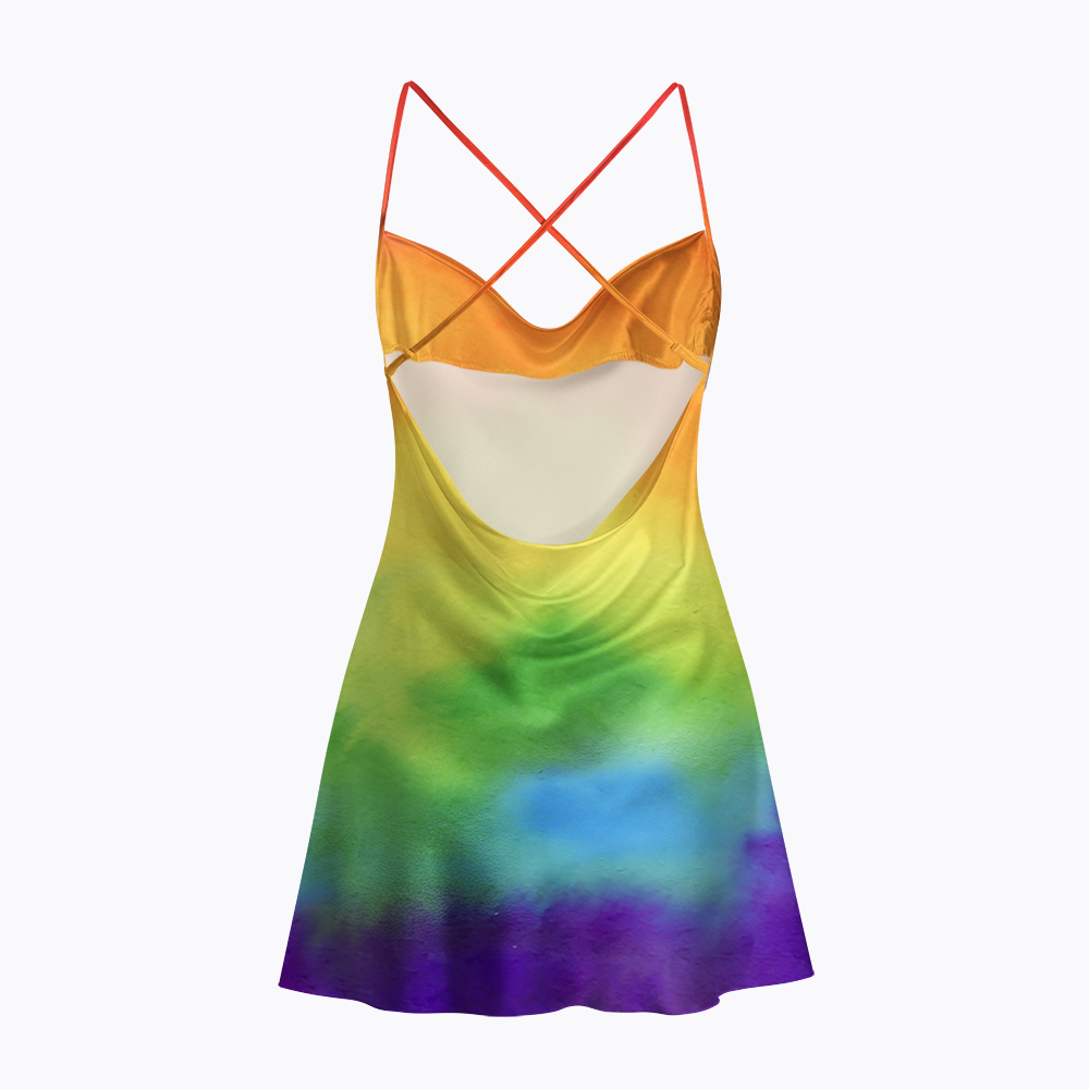Soft Rainbow Watercolor Satin Cross Back Mini Dresses