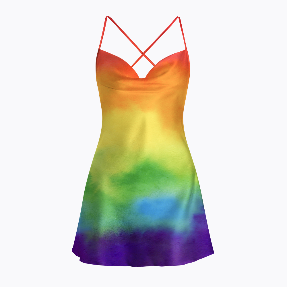 Soft Rainbow Watercolor Satin Cross Back Mini Dresses
