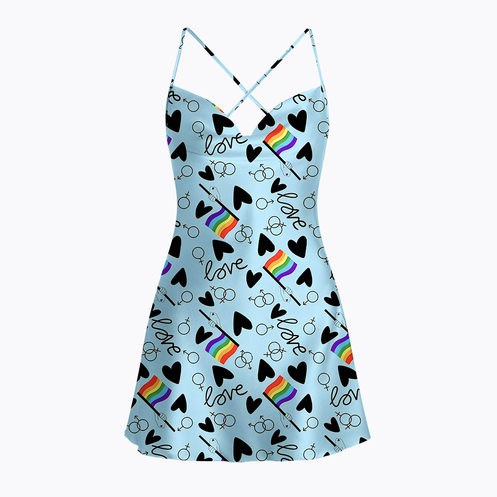 Rainbow Flag & Heart LGBTQ+ Satin Cross Back Mini Dresses