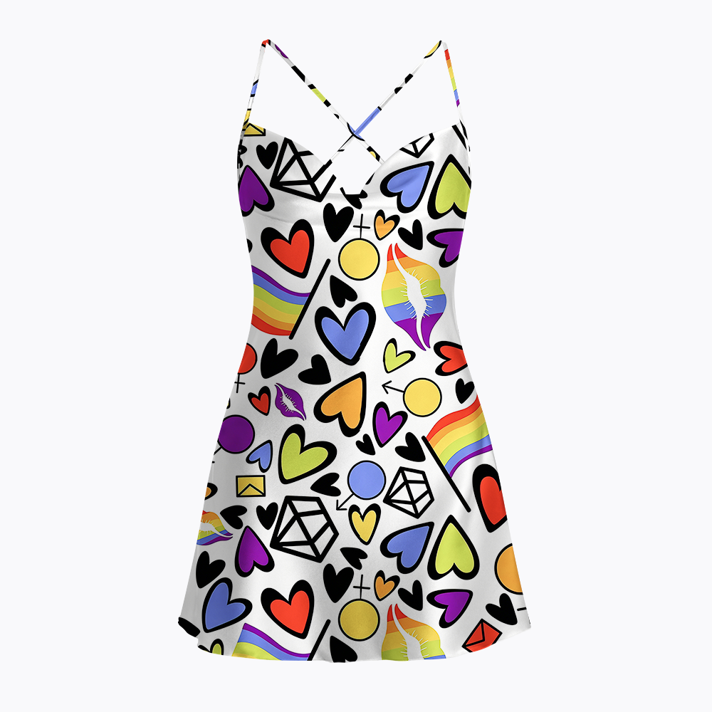 Rainbow Pride Love & Hearts Doodle Satin Cross Back Mini Dresses