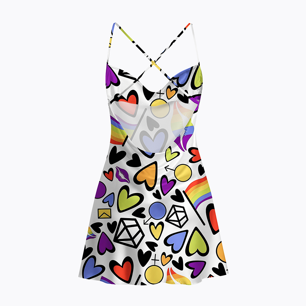 Rainbow Pride Love & Hearts Doodle Satin Cross Back Mini Dresses