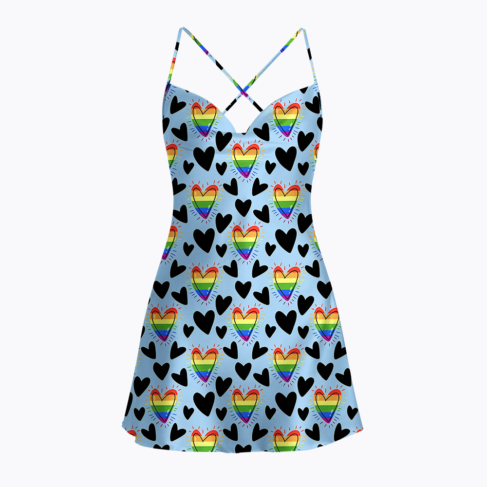 Rainbow Flag Symbols & Hearts Satin Cross Back Mini Dresses