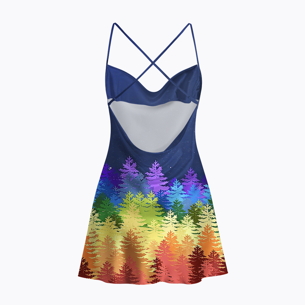 Gradient Rainbow Forest Starry Night Satin Cross Back Mini Dresses