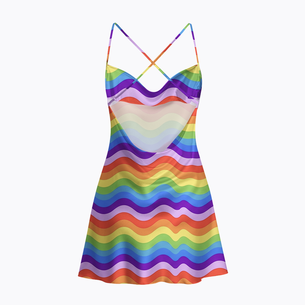 Rainbow Wave Satin Cross Back Mini Dresses