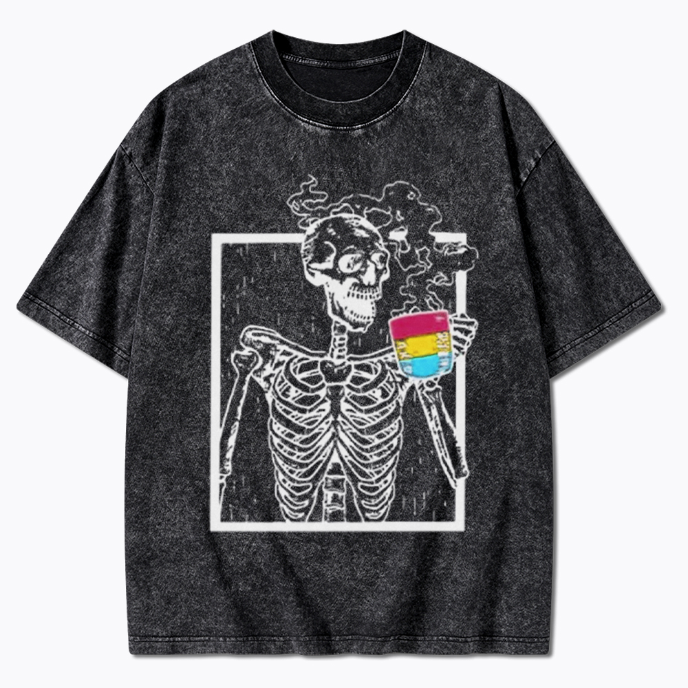 Pansexual Skeleton Drinking Coffee Washed T-Shirt