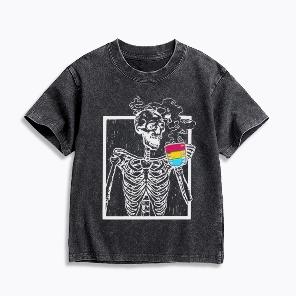 Pansexual Skeleton Drinking Coffee Kids Washed T-Shirt