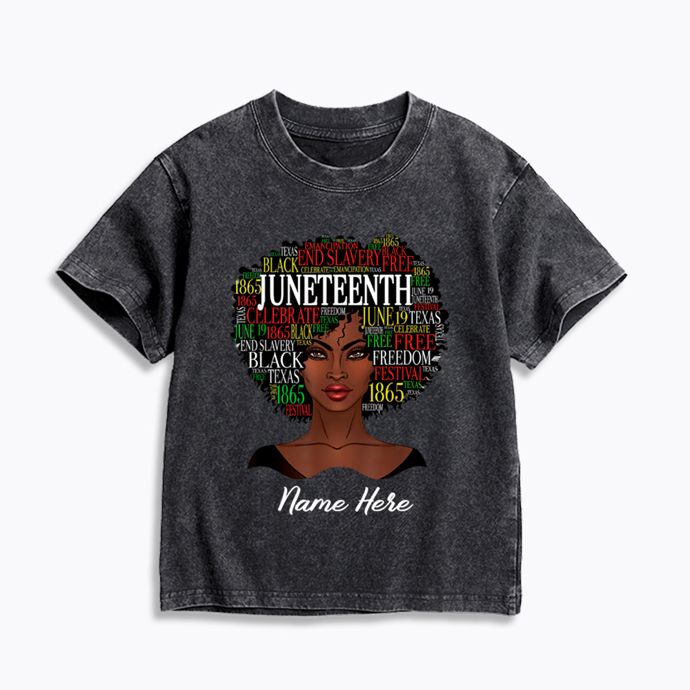 Personalized Juneteenth Black Women Natural Hair Kids Washed T-Shirt