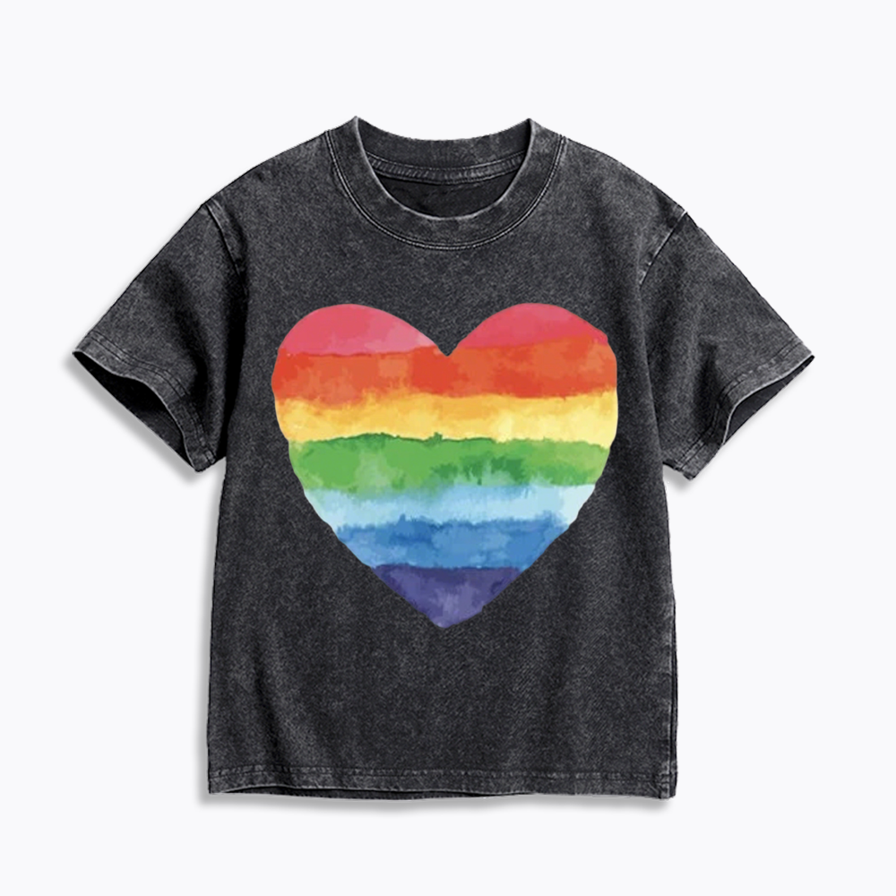 Watercolor Rainbow Heart Kids Washed T-Shirt 