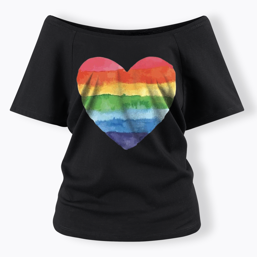 Watercolor Rainbow Heart Off Shoulder T-shirt
