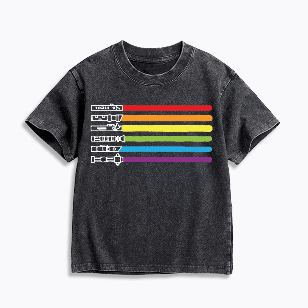 Rainbow Lightsaber Kids Washed T-Shirt 