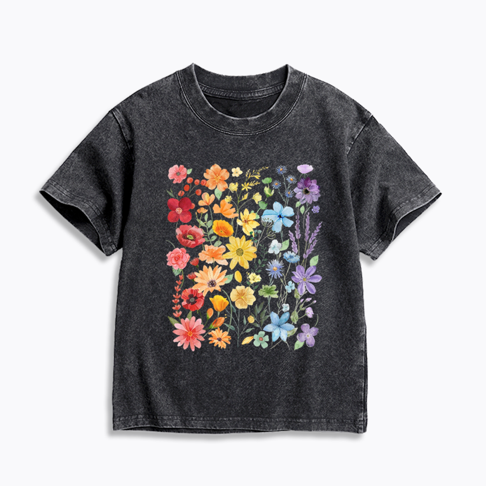 Rainbow Flowers Kids Washed T-Shirt