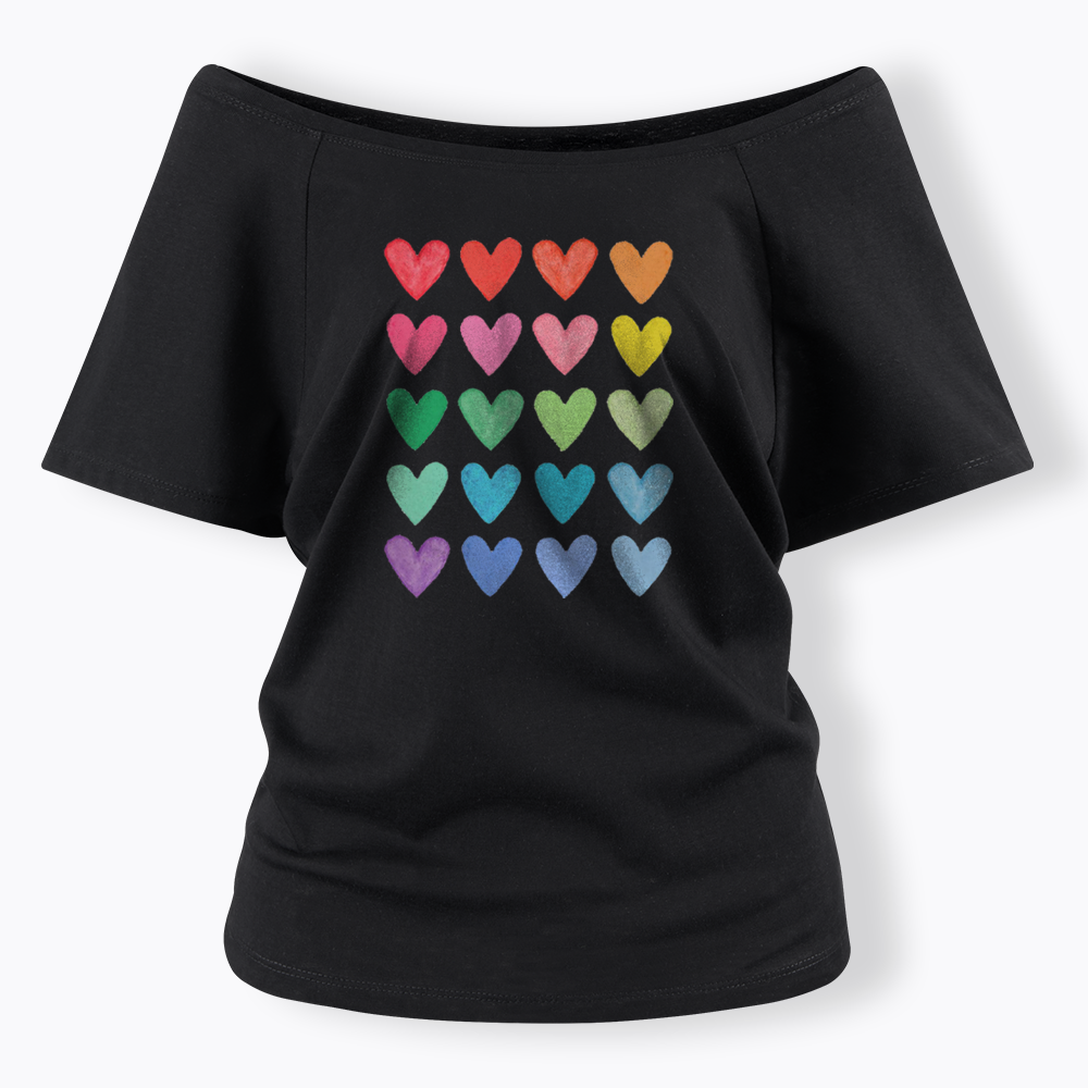 Rainbow Hearts Off Shoulder T-shirt