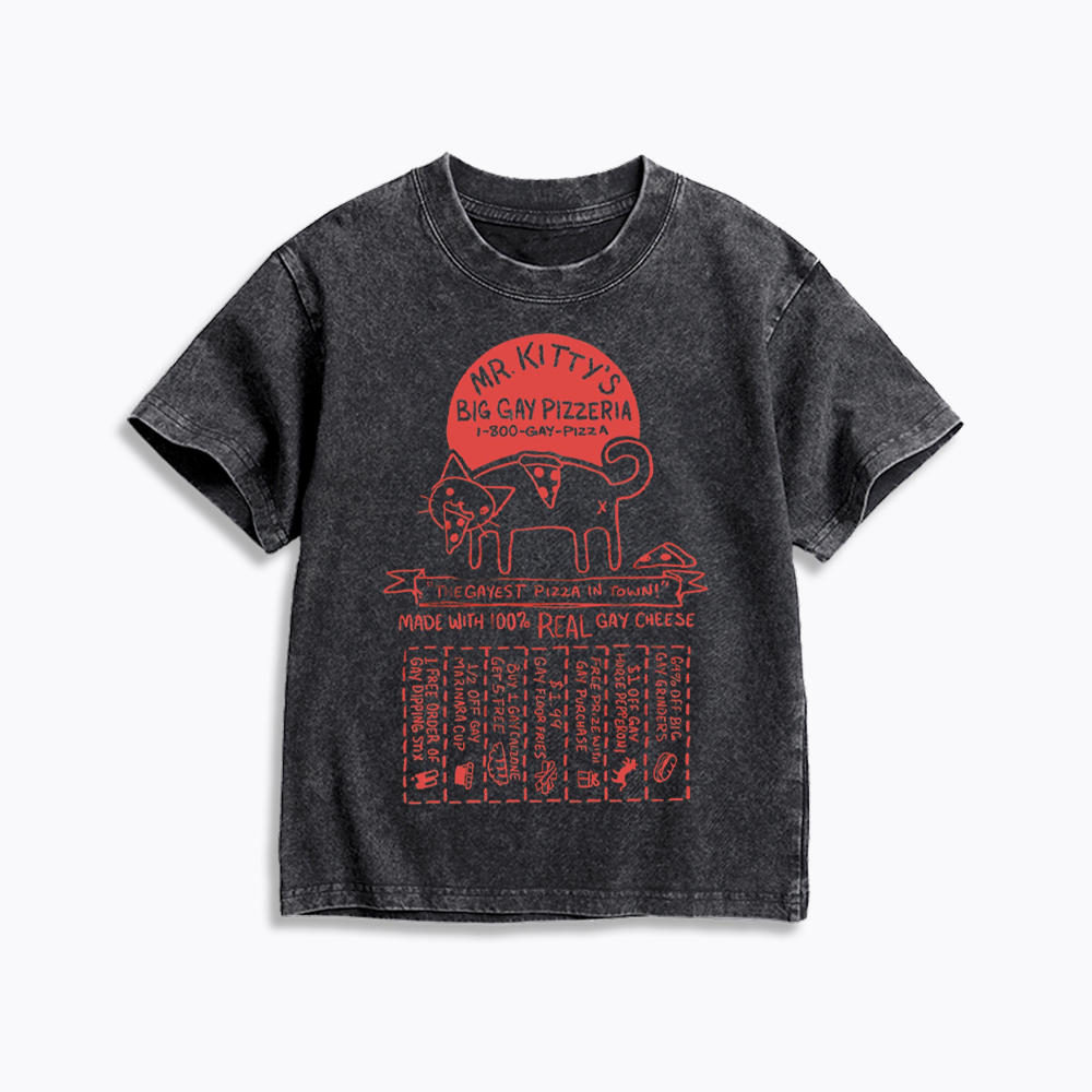 MR. KITTY’S BIG PIZZERIA Kids Washed T-Shirt