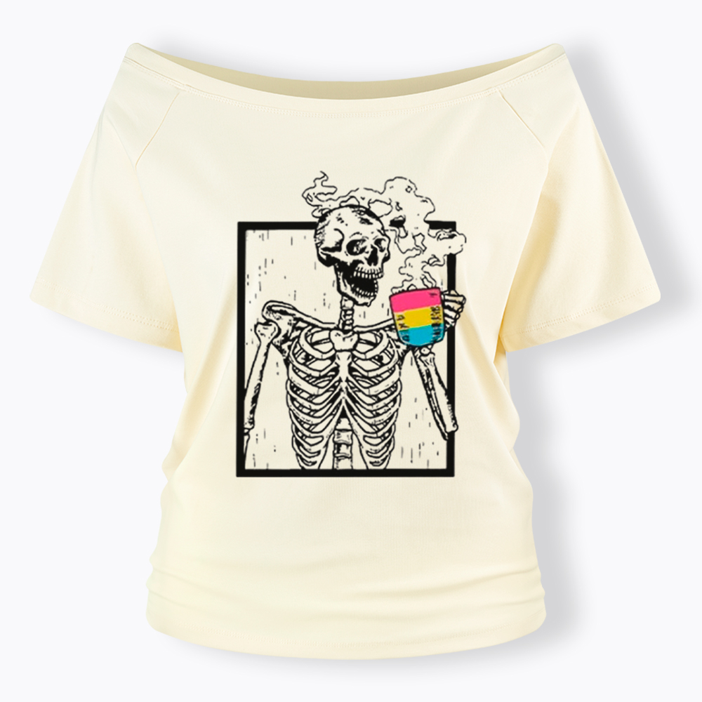 Pansexual Skeleton Drinking Coffee Off Shoulder T-shirt