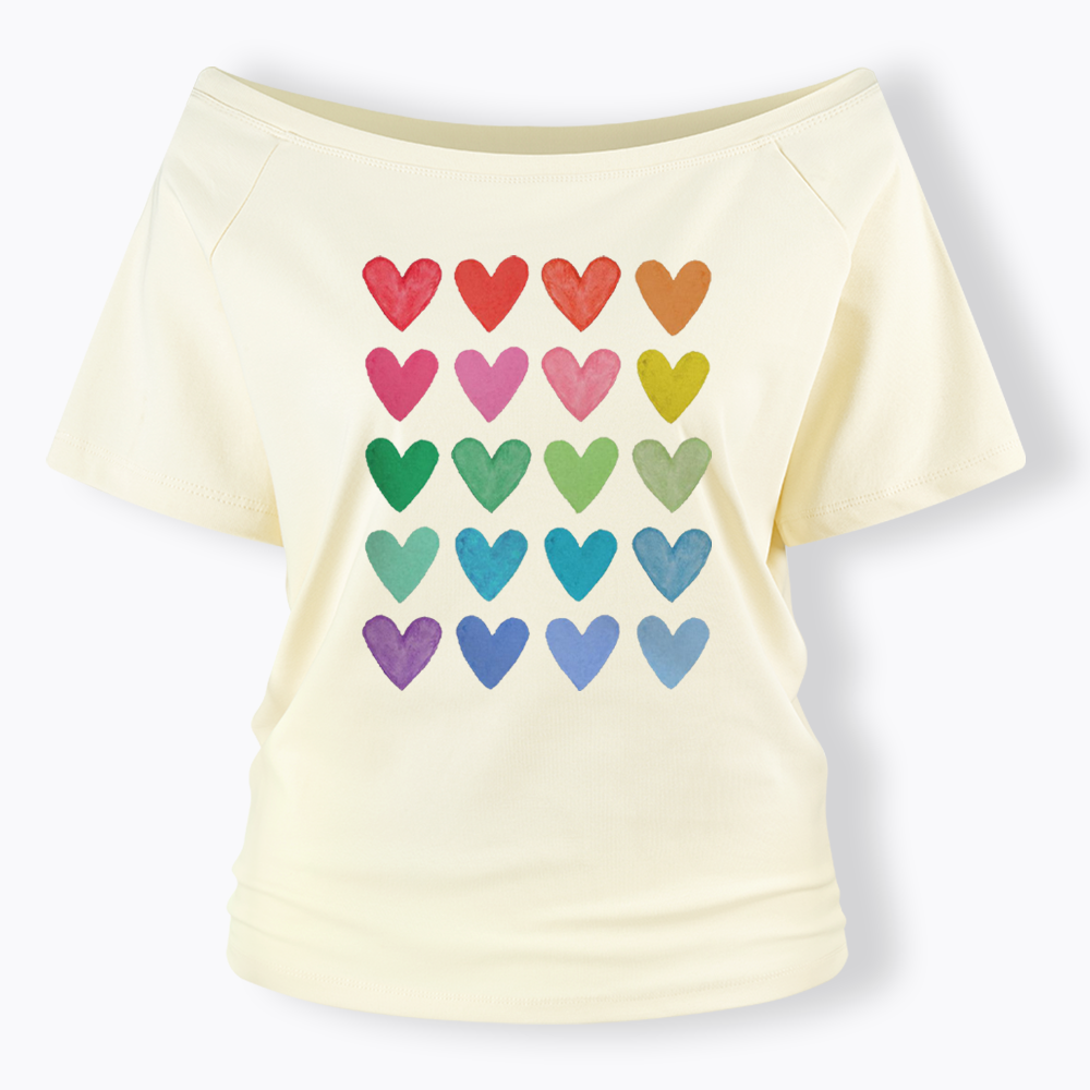 Rainbow Hearts Off Shoulder T-shirt