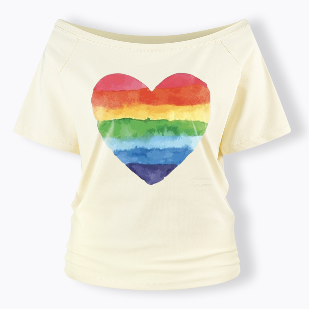 Watercolor Rainbow Heart Off Shoulder T-shirt