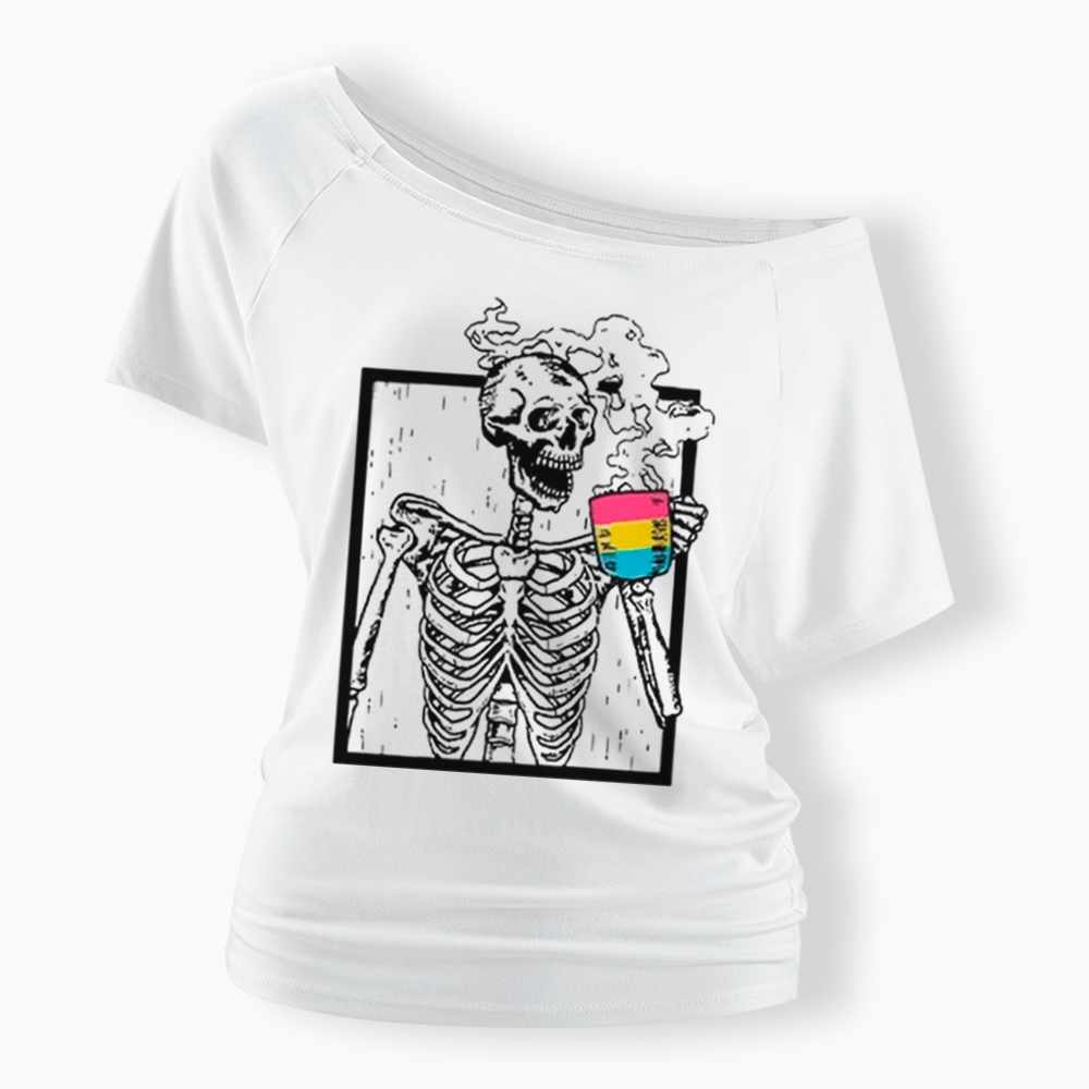 Pansexual Skeleton Drinking Coffee Off Shoulder T-shirt